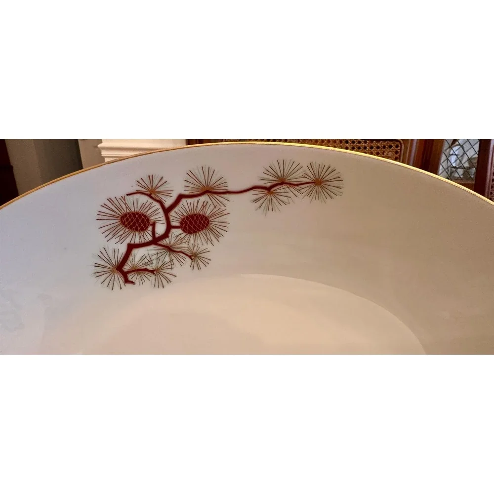 Vintage Fukagawa Arita Serving Bowl: Hand-Painted Pine Cone, Gold Trim